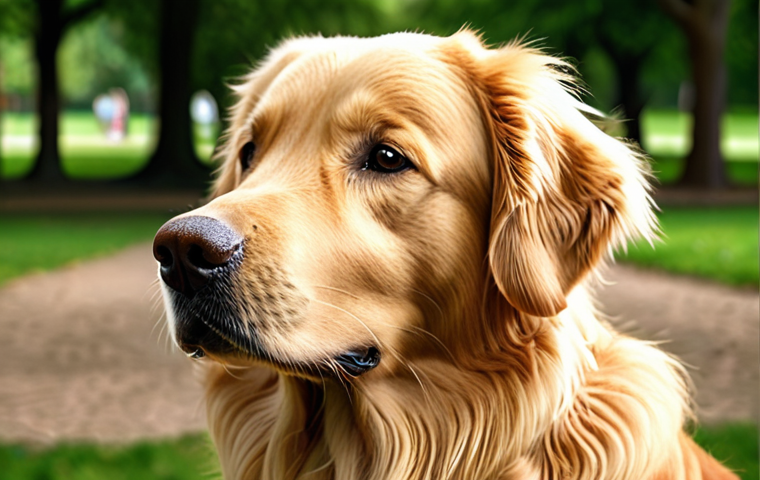 Geometric Transformation & Lighting Variation**
"A Golden Retriever dog portrait, rotated 45 degrees, slightly cropped, with increased brightness and decreased saturation. Background: a blurred park scene."
**