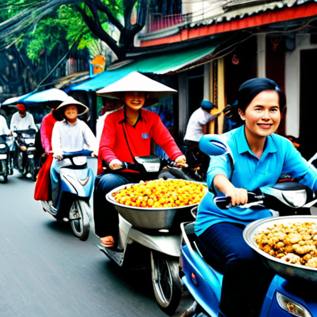 **
A bustling street scene in Hanoi, Vietnam. Motorbikes weave through the crowds, vendors sell street food from colorful carts, and traditional Vietnamese architecture lines the street. Everyone is fully clothed in appropriate attire, ranging from casual everyday wear to Ao Dais. Focus on capturing the vibrant energy and cultural richness of the scene. Safe for work, appropriate content, family-friendly. Perfect anatomy, correct proportions, natural pose, professional photography, high quality.
**