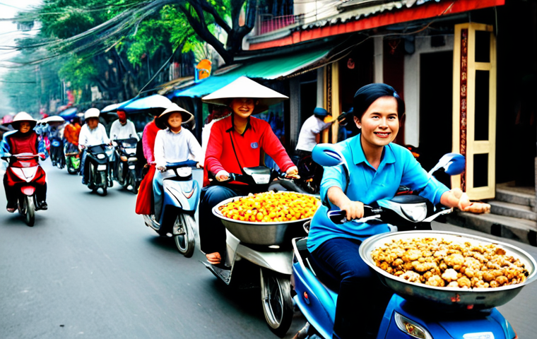 **
A bustling street scene in Hanoi, Vietnam. Motorbikes weave through the crowds, vendors sell street food from colorful carts, and traditional Vietnamese architecture lines the street. Everyone is fully clothed in appropriate attire, ranging from casual everyday wear to Ao Dais. Focus on capturing the vibrant energy and cultural richness of the scene. Safe for work, appropriate content, family-friendly. Perfect anatomy, correct proportions, natural pose, professional photography, high quality.
**