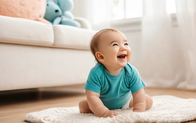 데이터 증강을 위한 유용한 온라인 도구 - **Prompt:** A heartwarming and brightly lit indoor scene featuring a happy baby, approximately 9-12 ...
