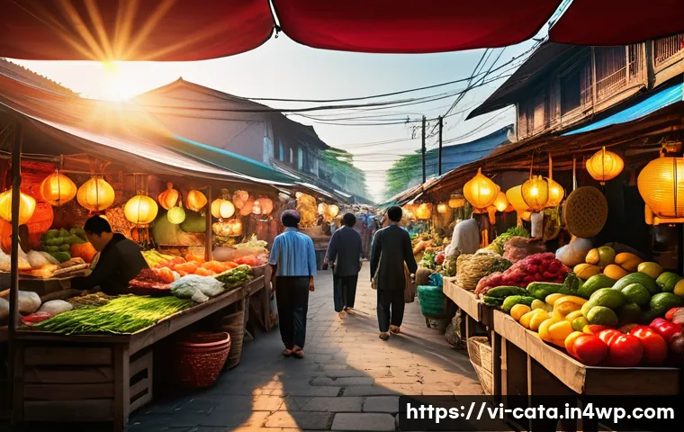 데이터 증강 기법으로 데이터셋 확장하기 - A high-resolution outdoor scene of a bustling Vietnamese street market at sunset, vibrant colors wit...