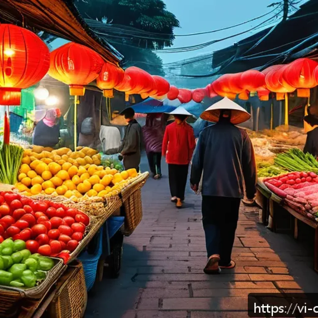 데이터 증강의 알고리즘 비교 분석 - A modern Vietnamese street market scene at dawn, showcasing diverse vendors and colorful fresh produ...