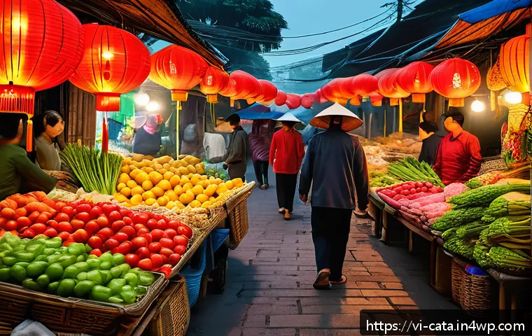 데이터 증강의 알고리즘 비교 분석 - A modern Vietnamese street market scene at dawn, showcasing diverse vendors and colorful fresh produ...